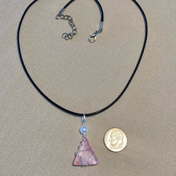 HAND CRAFTED Pink Sea Glass Pendant Necklace with Pearl Bead Wire Wrapped - Picture 5 of 5